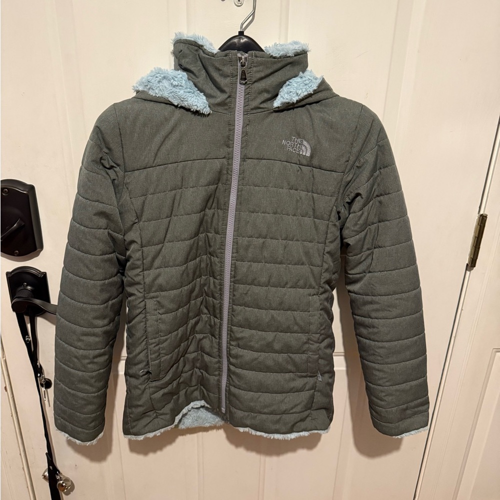 The North Face Kids Gray Puffer with Blue Lining